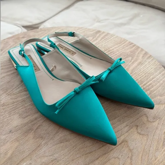 ZARA Emerald Green Slingback Flats W/ Bow Detail &amp; Metallic Mini Block Heel 10