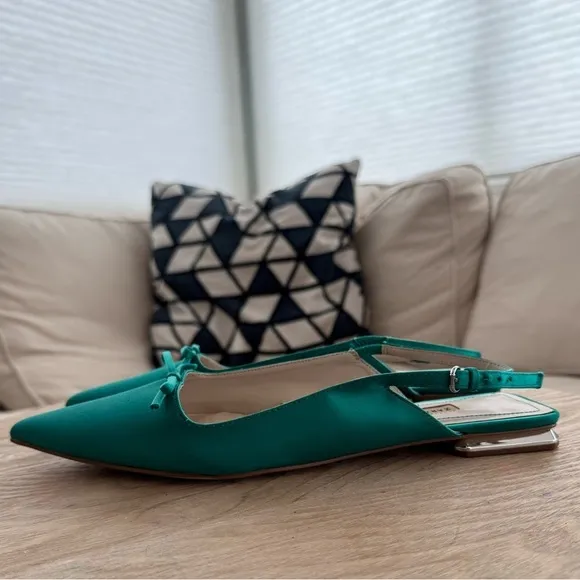 ZARA Emerald Green Slingback Flats W/ Bow Detail &amp; Metallic Mini Block Heel 10