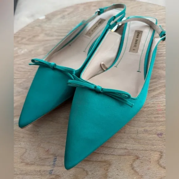 ZARA Emerald Green Slingback Flats W/ Bow Detail &amp; Metallic Mini Block Heel 10
