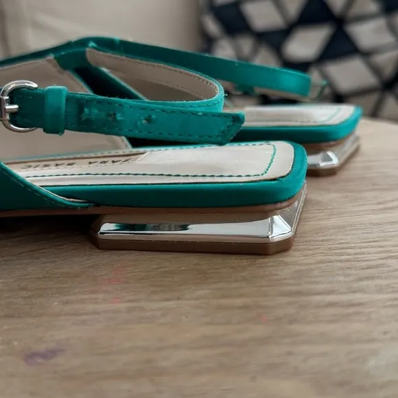 ZARA Emerald Green Slingback Flats W/ Bow Detail &amp; Metallic Mini Block Heel 10