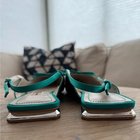ZARA Emerald Green Slingback Flats W/ Bow Detail &amp; Metallic Mini Block Heel 10