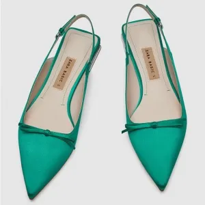 ZARA Emerald Green Slingback Flats W/ Bow Detail &amp; Metallic Mini Block Heel 10