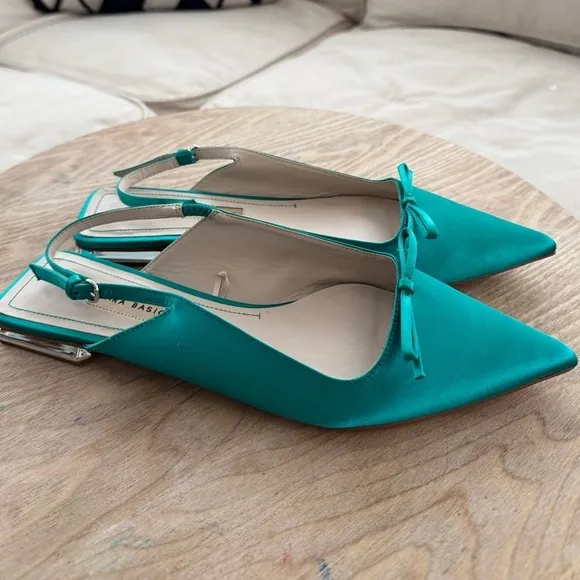 ZARA Emerald Green Slingback Flats W/ Bow Detail &amp; Metallic Mini Block Heel 10