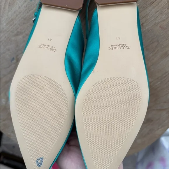 ZARA Emerald Green Slingback Flats W/ Bow Detail &amp; Metallic Mini Block Heel 10