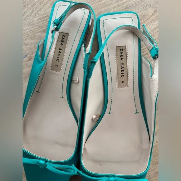 ZARA Emerald Green Slingback Flats W/ Bow Detail &amp; Metallic Mini Block Heel 10