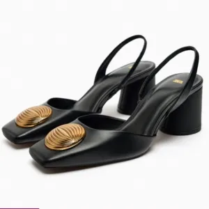 Zara faux leather black square toe block heel slingback heels gold embellished