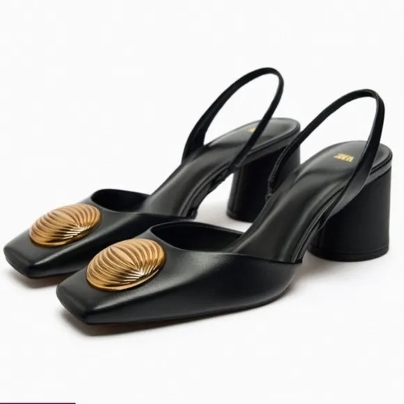 Zara faux leather black square toe block heel slingback heels gold embellished
