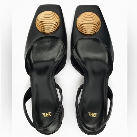 Zara faux leather black square toe block heel slingback heels gold embellished