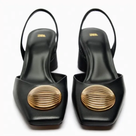Zara faux leather black square toe block heel slingback heels gold embellished