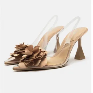 Zara floral appliqué vinyl clear slingback heels (size 40)
