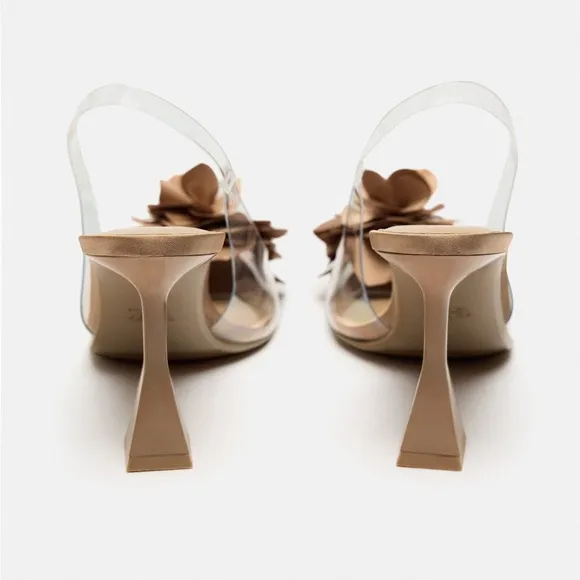Zara floral appliqué vinyl clear slingback heels (size 40)