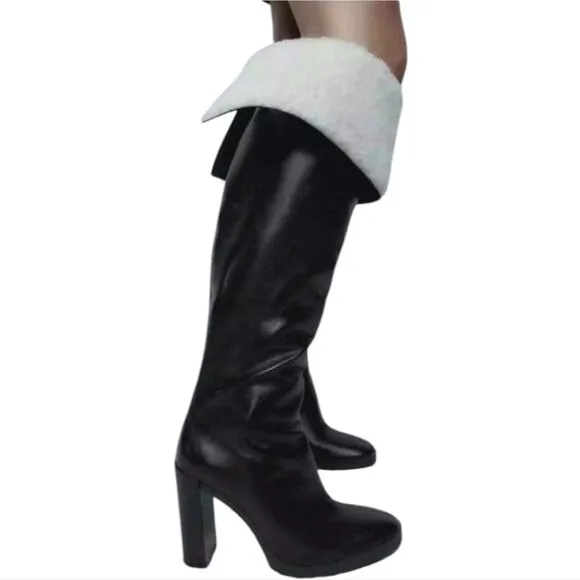 Zara Over the Knee Leather Boots with Faux Shearling Lining NEW Sz EU 39 US 8