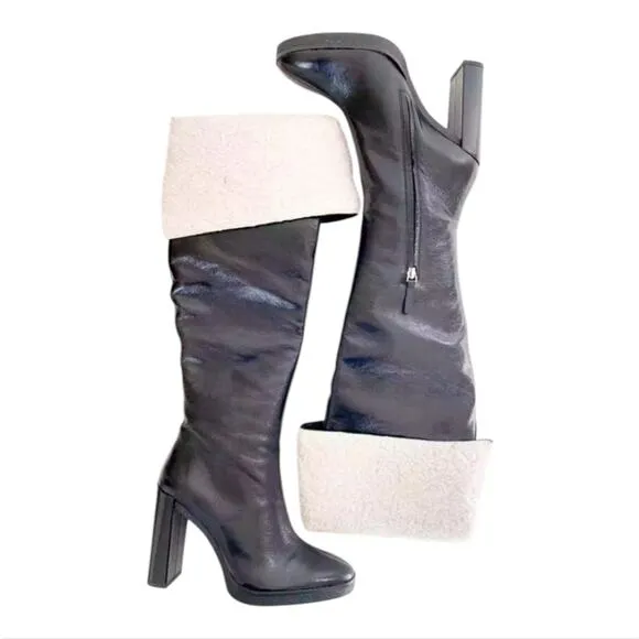 Zara Over the Knee Leather Boots with Faux Shearling Lining NEW Sz EU 39 US 8