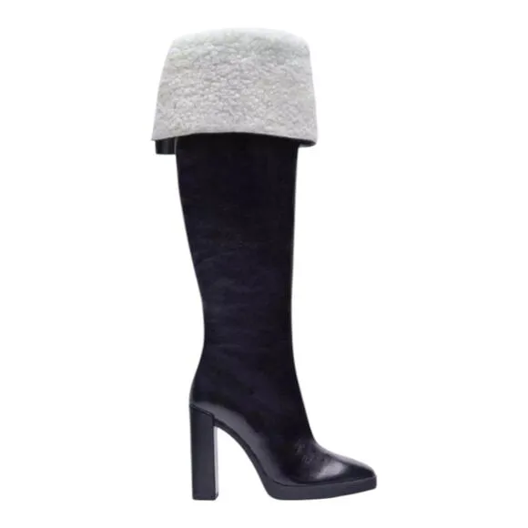 Zara Over the Knee Leather Boots with Faux Shearling Lining NEW Sz EU 39 US 8