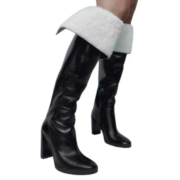 Zara Over the Knee Leather Boots with Faux Shearling Lining NEW Sz EU 39 US 8