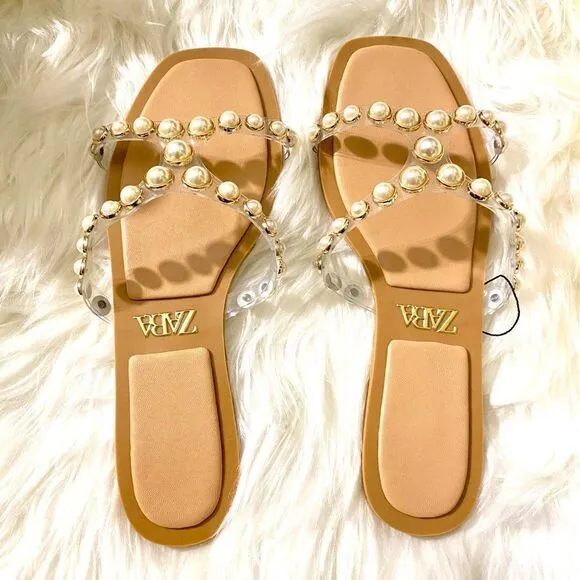 ZARA PEARLY VINYL SANDALS FLATS