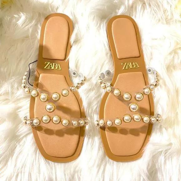 ZARA PEARLY VINYL SANDALS FLATS