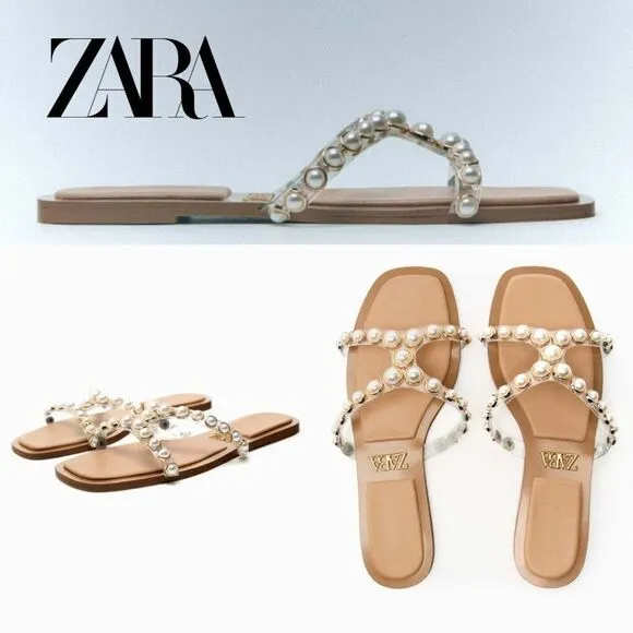ZARA PEARLY VINYL SANDALS FLATS