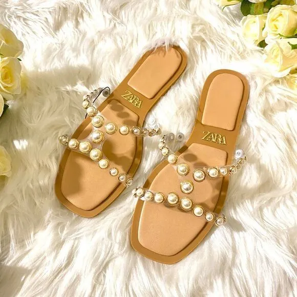ZARA PEARLY VINYL SANDALS FLATS