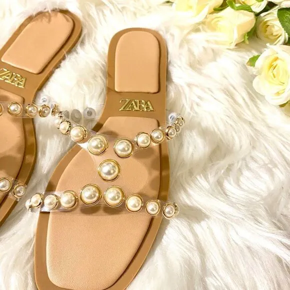 ZARA PEARLY VINYL SANDALS FLATS